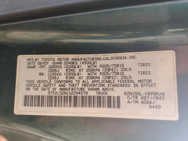 5TEVL52N13Z294578 - 2003 TOYOTA TACOMA XTRACAB მწვანე ფოტო 12