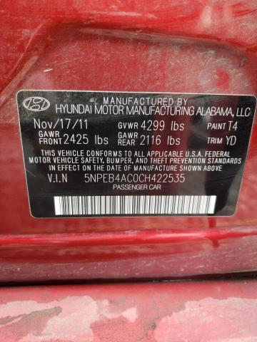 5NPEB4AC0CH422535 - 2012 HYUNDAI SONATA GLS BURGUNDY photo 13