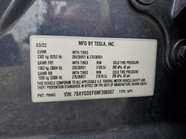 7SAYGDEF6NF398667 - 2022 TESLA MODEL Y GRAY photo 13