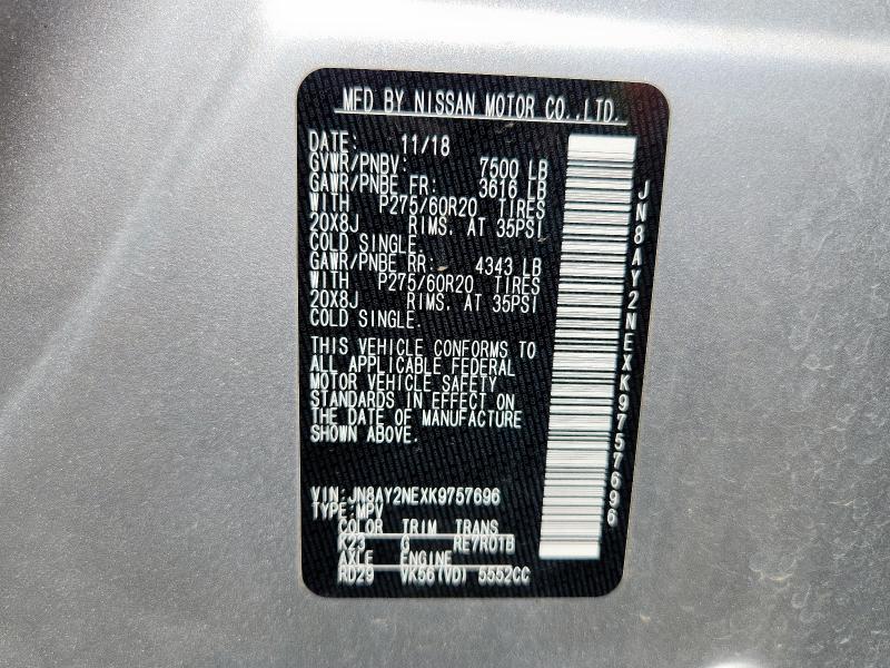 JN8AY2NEXK9757696 - 2019 NISSAN ARMADA PLATINUM SILVER photo 13