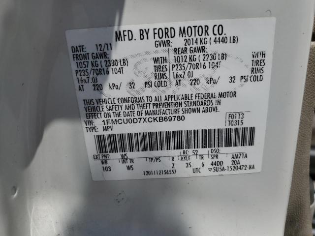 1FMCU0D7XCKB69780 - 2012 FORD ESCAPE XLT WHITE photo 13