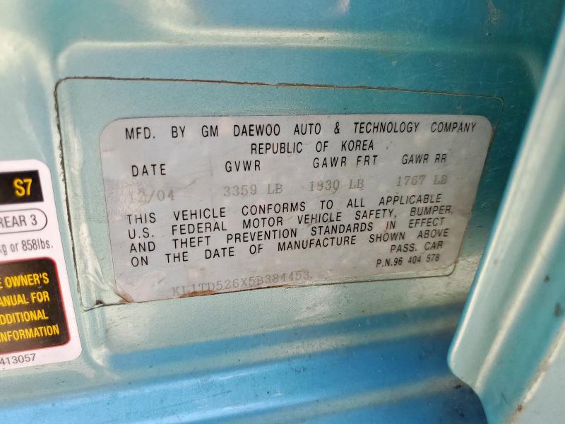 KL1TD526X5B384453 - 2005 CHEVROLET AVEO BASE ტურკოუსი ფოტო 12