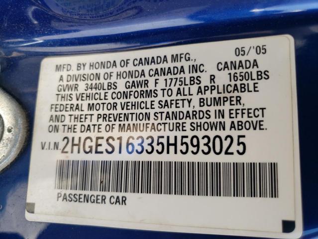2HGES16335H593025 - 2005 HONDA CIVIC DX VP Mavi foto 12