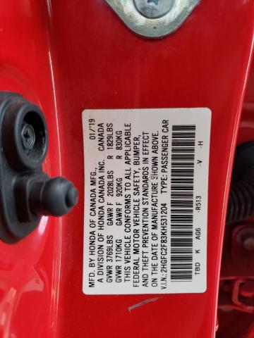 2HGFC2F83KH531204 - 2019 HONDA CIVIC SPORT 红色 照片 12