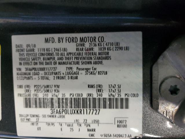 3FA6P0LUXKR117727 - 2019 FORD FUSION SE GRAY photo 12