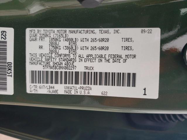 5TFMA5BC0NX002297 - 2022 TOYOTA TUNDRA CREWMAX PLATINUM GREEN photo 13