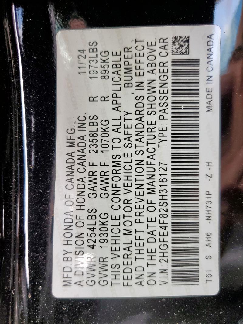 2HGFE4F82SH316127 - 2025 HONDA CIVIC SPORT BLACK photo 13