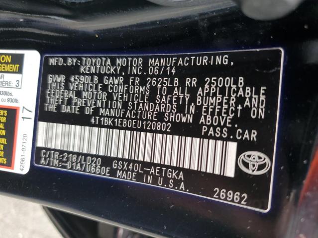 4T1BK1EB0EU120802 - 2014 TOYOTA AVALON BASE 黑色 照片 12