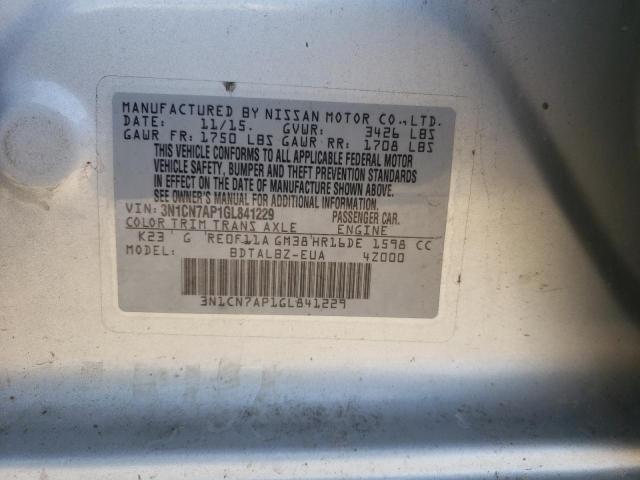 3N1CN7AP1GL841229 - 2016 NISSAN VERSA S SILVER photo 12