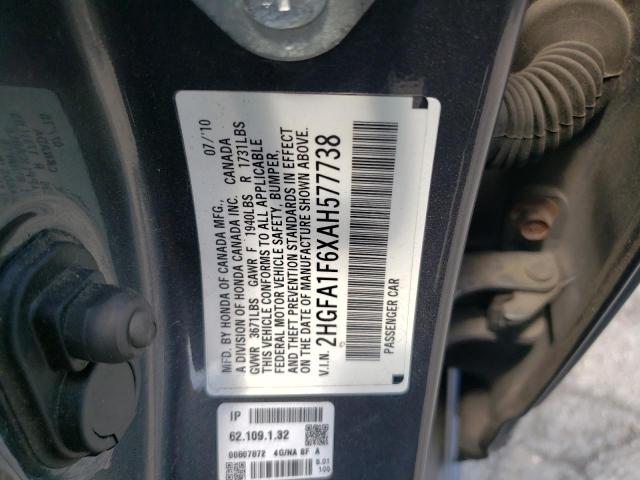 2HGFA1F6XAH577738 - 2010 HONDA CIVIC LX-S 灰色 照片 12