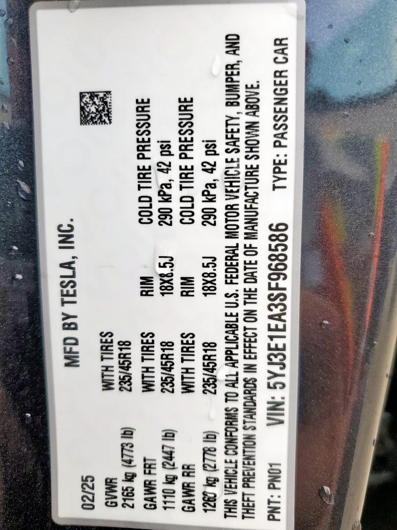 5YJ3E1EA3SF968586 - 2025 TESLA MODEL 3 GRAY photo 13