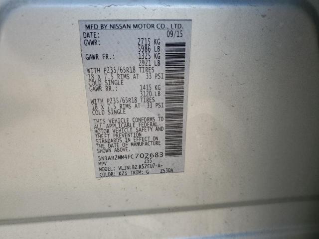 5N1AR2MM4FC702683 - 2015 NISSAN PATHFINDER S SILVER photo 12