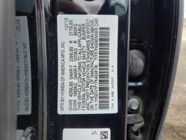 1HGCV1F17KA024136 - 2019 HONDA ACCORD LX BLACK photo 12