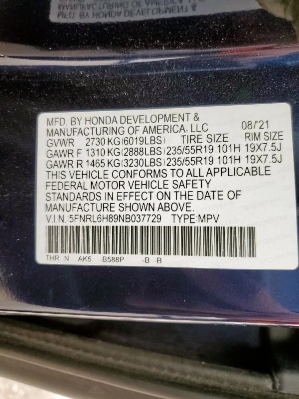 5FNRL6H89NB037729 - 2022 HONDA ODYSSEY TOURING ლურჯი ფოტო 14