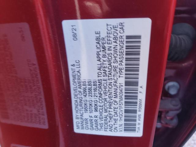 1HGCV1F57MA094791 - 2021 HONDA ACCORD EXL RED photo 10