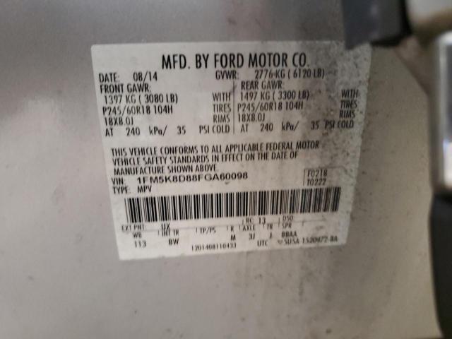 1FM5K8D88FGA60098 - 2015 FORD EXPLORER XLT SILVER photo 14