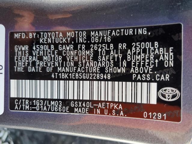 4T1BK1EB5GU228948 - 2016 TOYOTA AVALON XLE GRAY photo 13