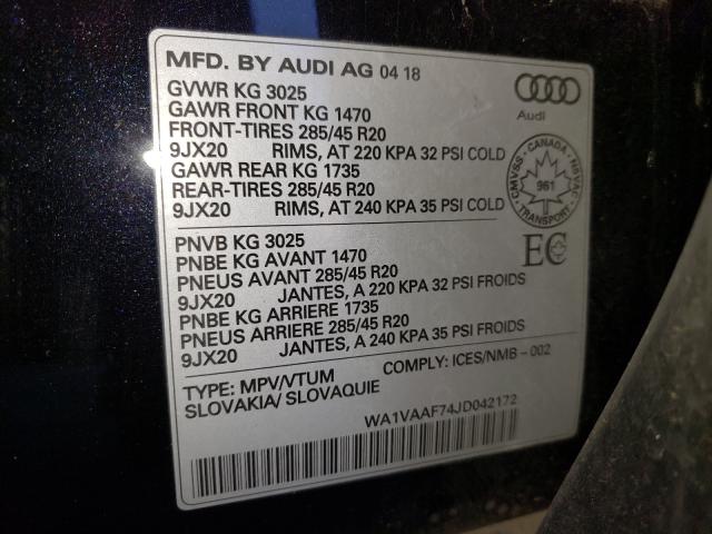 WA1VAAF74JD042172 - 2018 AUDI Q7 PRESTIGE BLACK photo 10