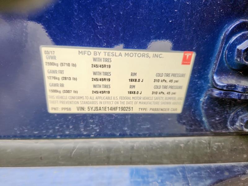 5YJSA1E14HF190251 - 2017 TESLA MODEL S BLUE photo 12