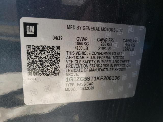 1G1ZG5ST1KF206136 - 2019 CHEVROLET MALIBU RS CHARCOAL photo 10