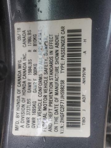 2HGFC2F71JH598258 - 2018 HONDA CIVIC EX GRAY photo 12
