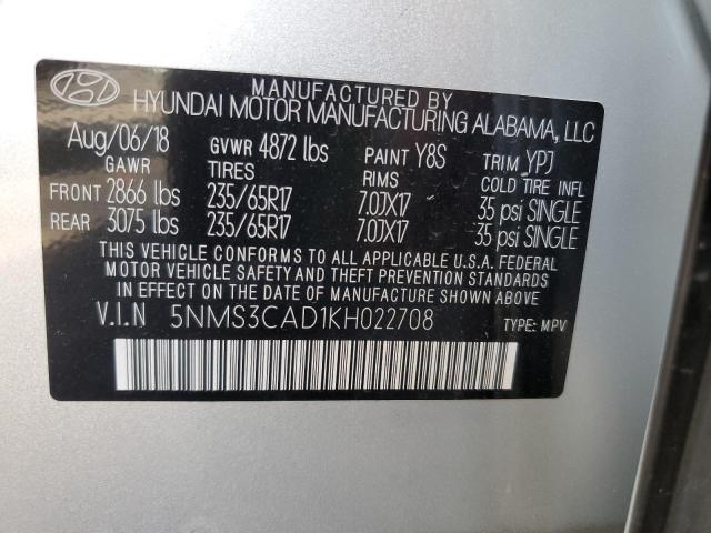 5NMS3CAD1KH022708 - 2019 HYUNDAI SANTA FE SEL Արծաթագույն լուսանկար 10