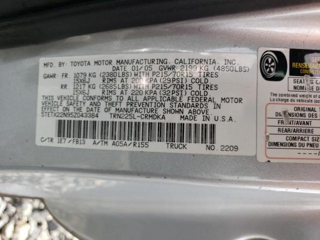 5TETX22N95Z043384 - 2005 TOYOTA TACOMA ACCESS CAB SILVER photo 12