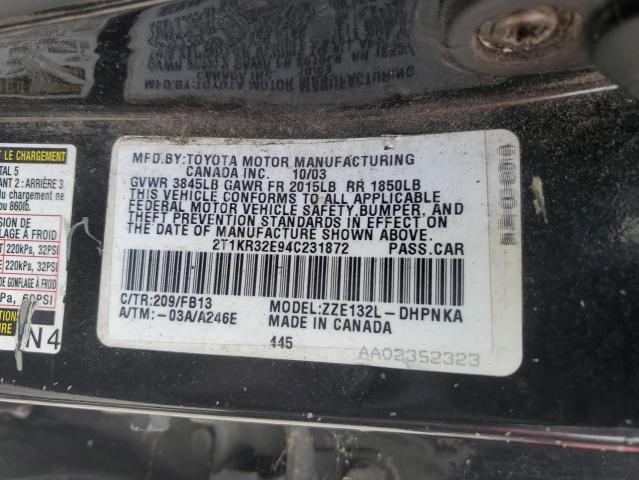 2T1KR32E94C231872 - 2004 TOYOTA COROLLA MA XR BLACK photo 12