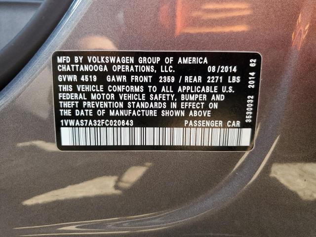 1VWAS7A32FC020643 - 2015 VOLKSWAGEN PASSAT S CHARCOAL photo 12