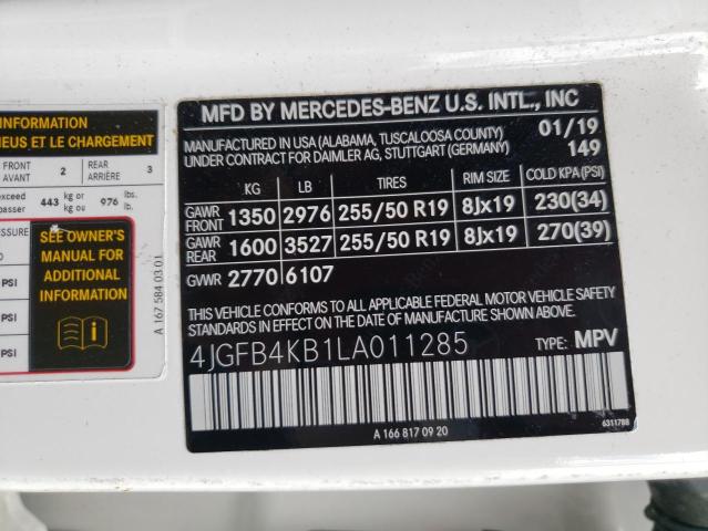 4JGFB4KB1LA011285 - 2020 MERCEDES-BENZ GLE 350 4MATIC WHITE photo 14
