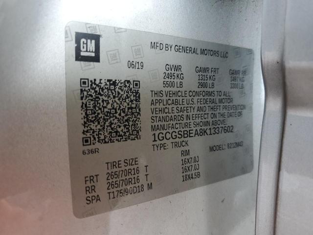 1GCGSBEA8K1337602 - 2019 CHEVROLET COLORADO SILVER photo 12