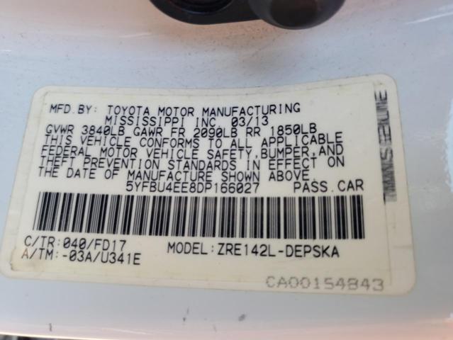 5YFBU4EE8DP166027 - 2013 TOYOTA COROLLA BASE أبيض صورة 12