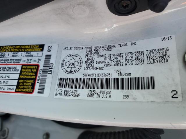 5TFAY5F11EX336751 - 2014 TOYOTA TUNDRA CREWMAX PLATINUM თეთრი ფოტო 12