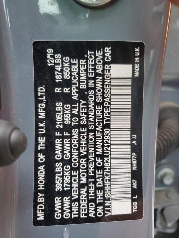 SHHFK7H82LU212930 - 2020 HONDA CIVIC EXL 灰色 照片 12