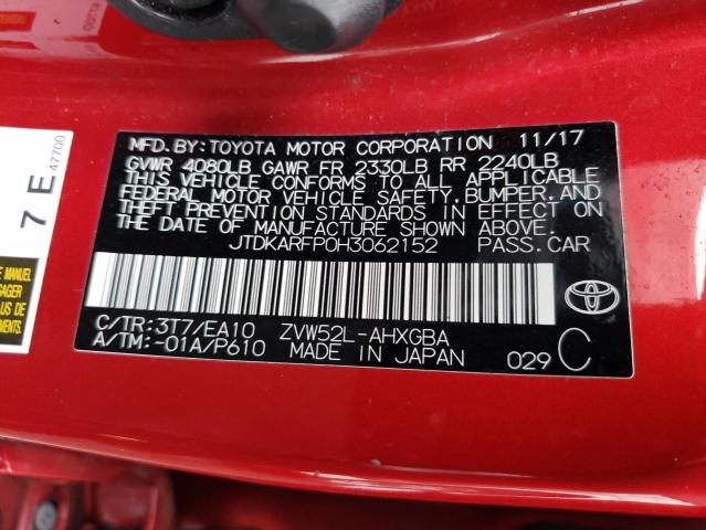 JTDKARFP0H3062152 - 2017 TOYOTA PRIUS PRIM წითელი ფოტო 13