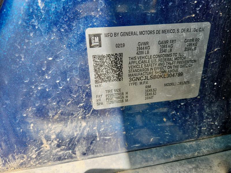 3GNCJLSB0KL304789 - 2019 CHEVROLET TRAX 1LT Bleu photo 12