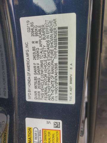1HGCV2F97KA012936 - 2019 HONDA ACCORD TOURING BLUE photo 12