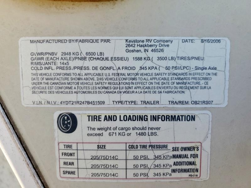 4YDT21R247B451509 - 2007 KEYSTONE OUTBACK WHITE photo 10