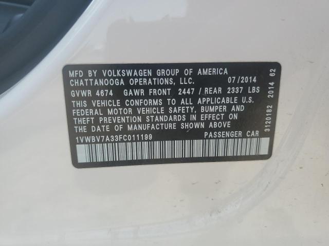 1VWBV7A33FC011199 - 2015 VOLKSWAGEN PASSAT SE თეთრი ფოტო 12