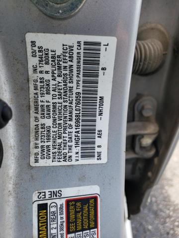 1HGFA16968L076059 - 2008 HONDA CIVIC EXL ვერცხლისფერი ფოტო 12