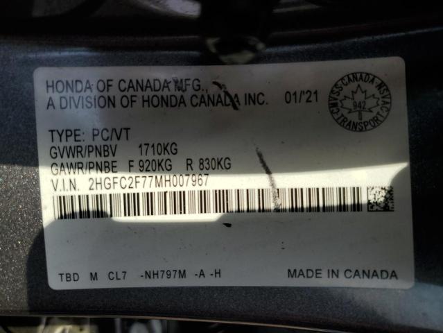 2HGFC2F77MH007967 - 2021 HONDA CIVIC EX GRAY photo 12