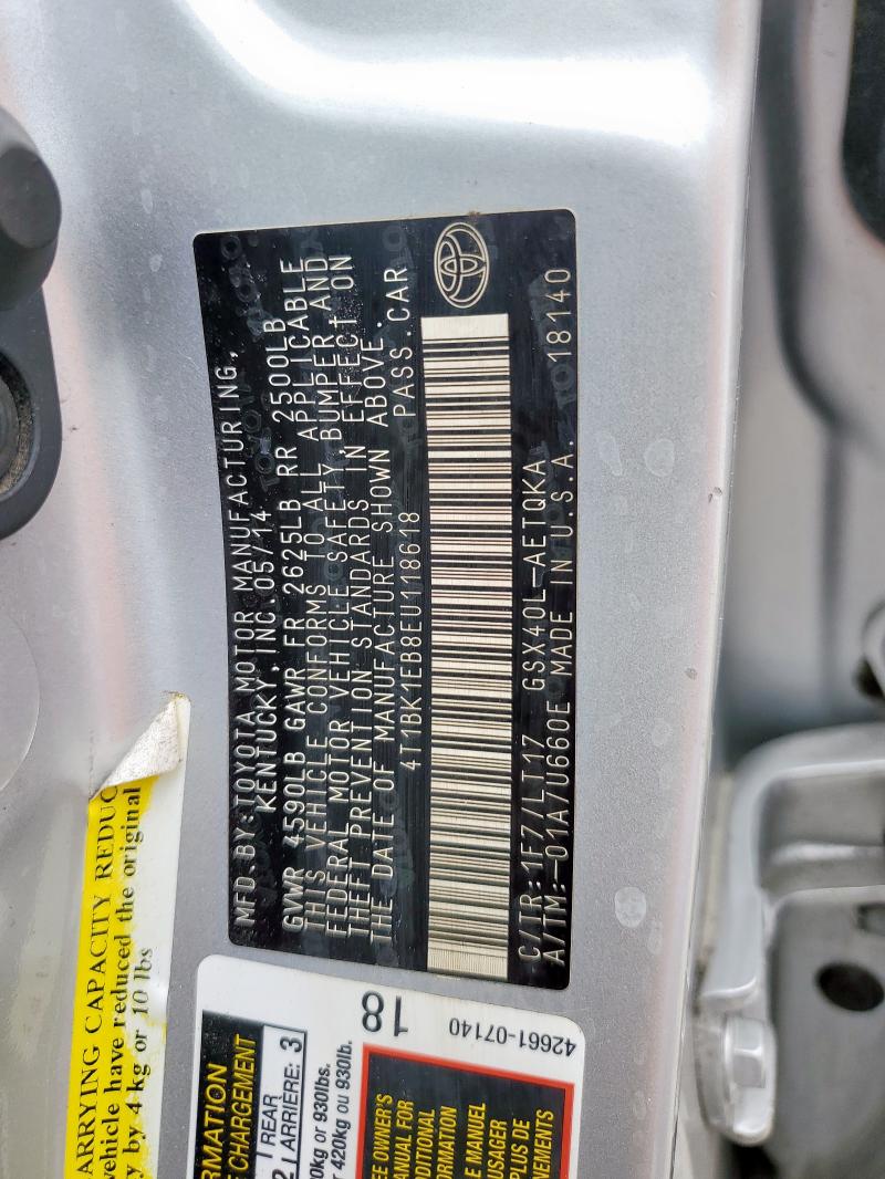 4T1BK1EB8EU118618 - 2014 TOYOTA AVALON BASE Արծաթագույն լուսանկար 12