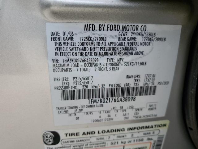 1FMZK02176GA38098 - 2006 FORD FREESTYLE SEL SILVER photo 13