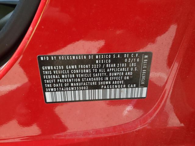 3VWD17AJ8GM333002 - 2016 VOLKSWAGEN JETTA SPORT წითელი ფოტო 12