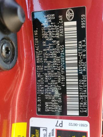 4T1BF1FK7CU572455 - 2012 TOYOTA CAMRY BASE RED photo 12