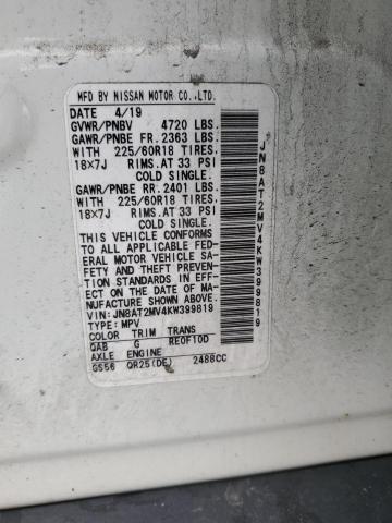 JN8AT2MV4KW399819 - 2019 NISSAN ROGUE S WHITE photo 13