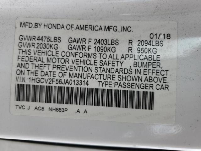 1HGCV2F56JA013314 - 2018 HONDA ACCORD EXL Ақ фото 12