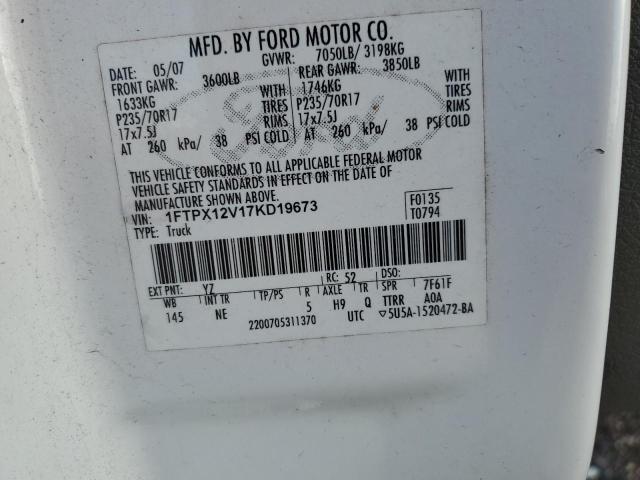 1FTPX12V17KD19673 - 2007 FORD F150 WHITE photo 12