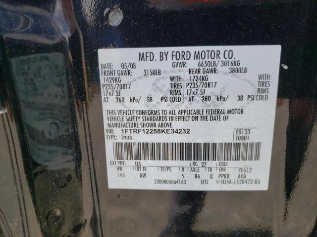 1FTRF12258KE34232 - 2008 FORD F150 BLACK photo 12