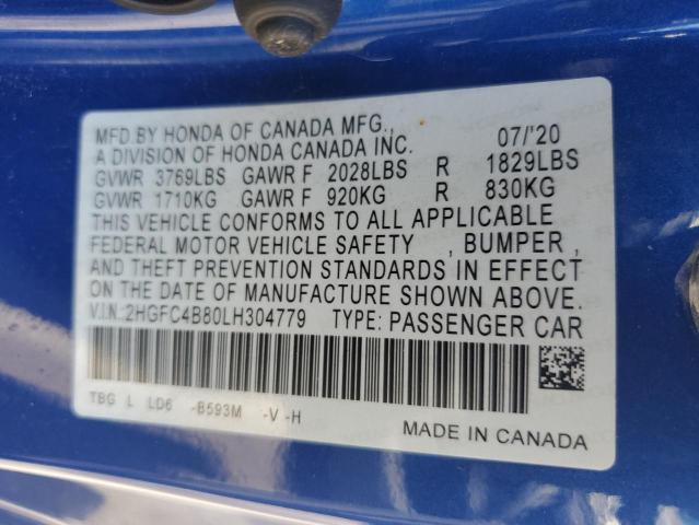 2HGFC4B80LH304779 - 2020 HONDA CIVIC SPORT BLUE photo 12